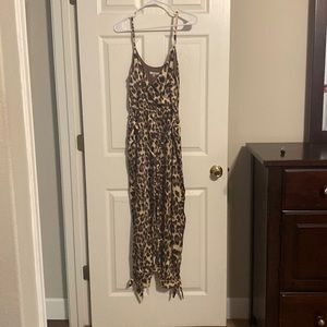 Cheetah print jumpsuit with spaghetti straps & slit leg